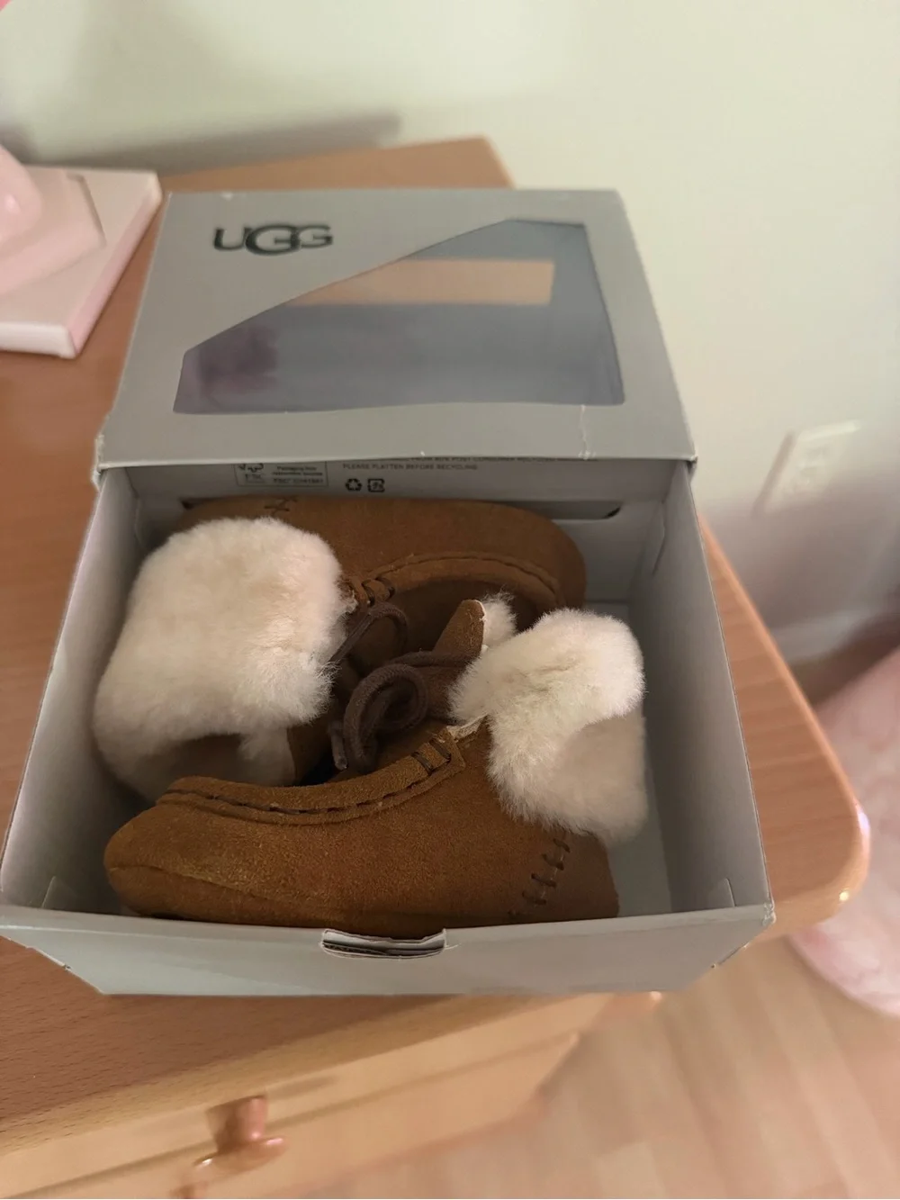 UGG Kids Chestnut Suede Booties with Cream Fur Cuff